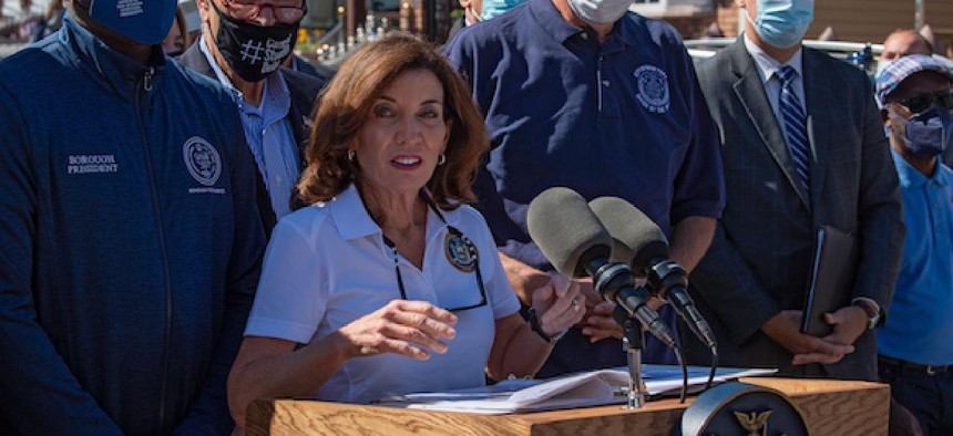 Gov. Kathy Hochul speaks at a press conference in Queens addressing the impact of Hurricane Ida on Sept. 2.