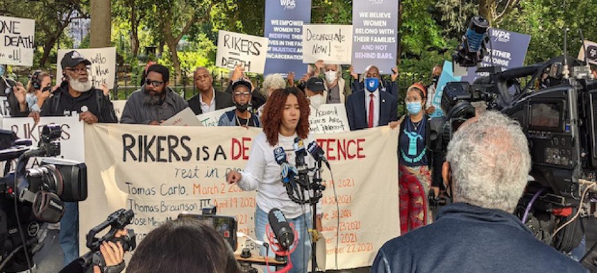 Protesters rallying outside of City Hall, demanding that people be let out of the Rikers Island jail complex due to its poor conditions, on Oct.1.