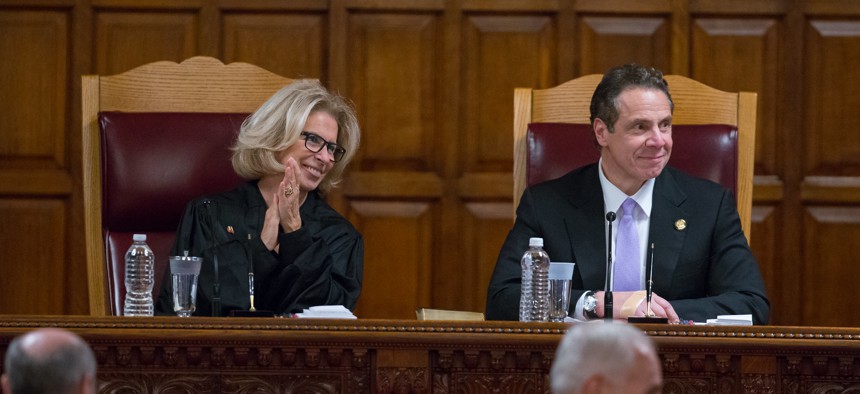 Janet DiFiore with Former Gov. Andrew Cuomo at her swearing in ceremony in 2016.