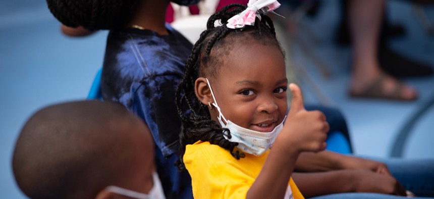 A girl at the kickoff event for Summer Rising at the Island School in Manhattan.