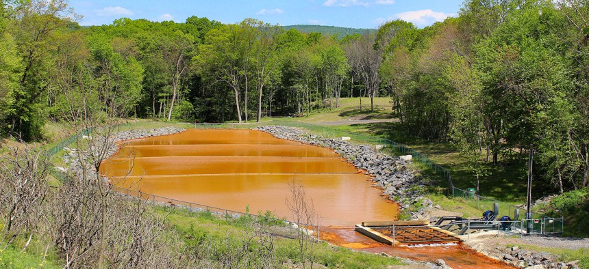 An acid mine drainage treatment system on Nanticoke Creek in Luzerne County, PA. New federal funding will allow more streams tainted by acid mine drainage to be restored.