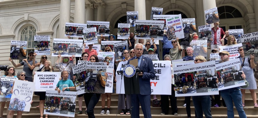 Council Member Robert Holden joined NYCLASS to introduce a bill that would replace horse-drawn carriages with electric ones by 2024.