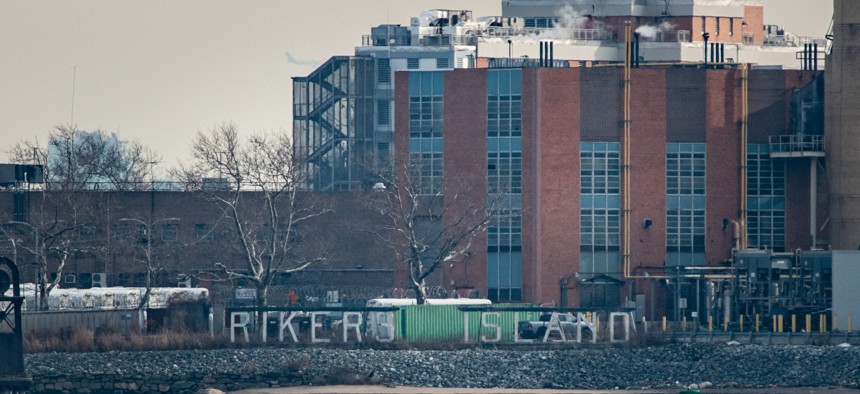 A general view shows the Rikers Island jail complex in the East River of New York, from Queens, on January 13, 2022.