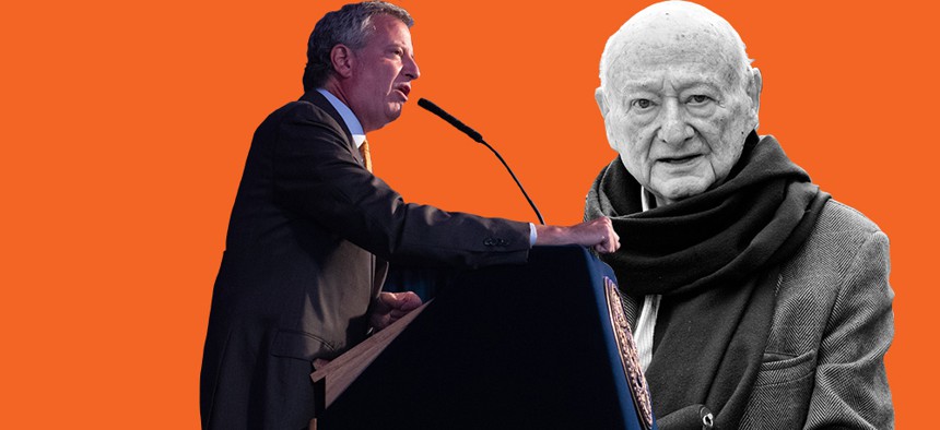 New York City mayors Bill de Blasio and Ed Koch