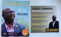 Rep. Jamaal Bowman's flyer (left) and Vedat Gashi's flyer (right).