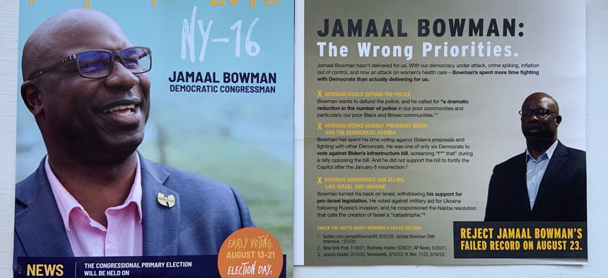 Rep. Jamaal Bowman's flyer (left) and Vedat Gashi's flyer (right).