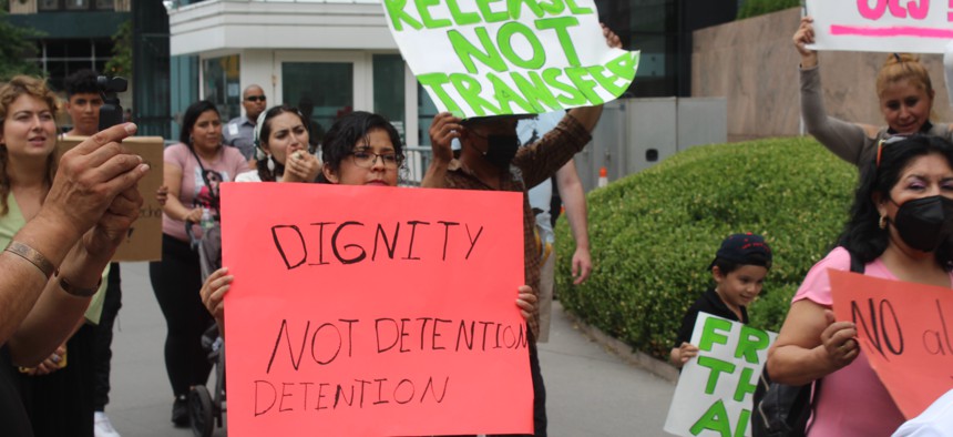 Demonstrators at a July 29, 2022 rally in Manhattan's Foley Square to demand the release of migrants transferred from the Orange County Correctional Facility.