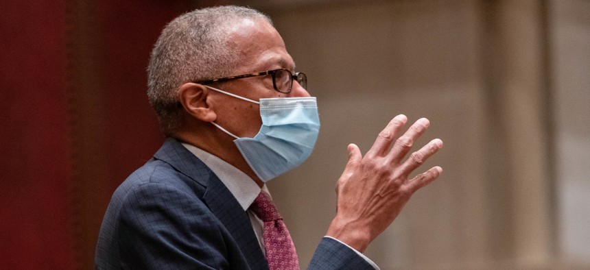 StateSen. Robert Jackson debates a bill he sponsored on the Senate Chamber floor.