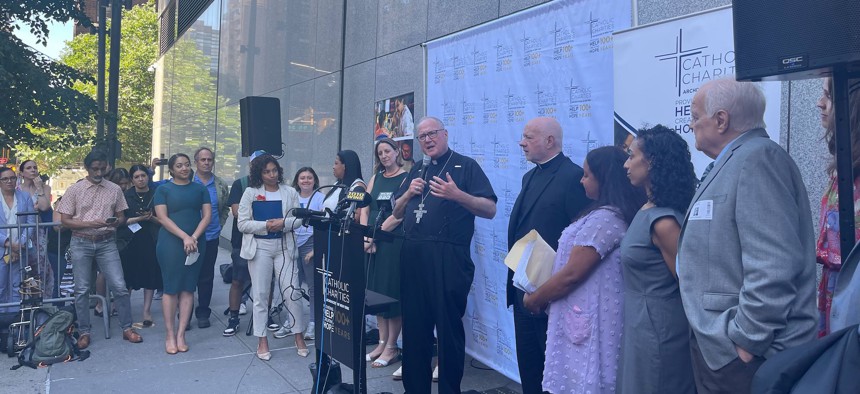 Catholic Archbishop of New York Timothy Dolan speaks at a press conference outside the Catholic Archdiocese of New York Tuesday.