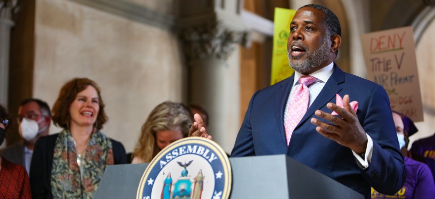 State Sen. Kevin Parker speaks during a press conference from the fourth floor gallery of the state Capitol in Albany.