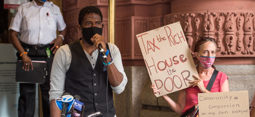 New York City Public Advocate Jumaane Williams speaks at a rally for homeless people who need rental assistance or permanent housing.