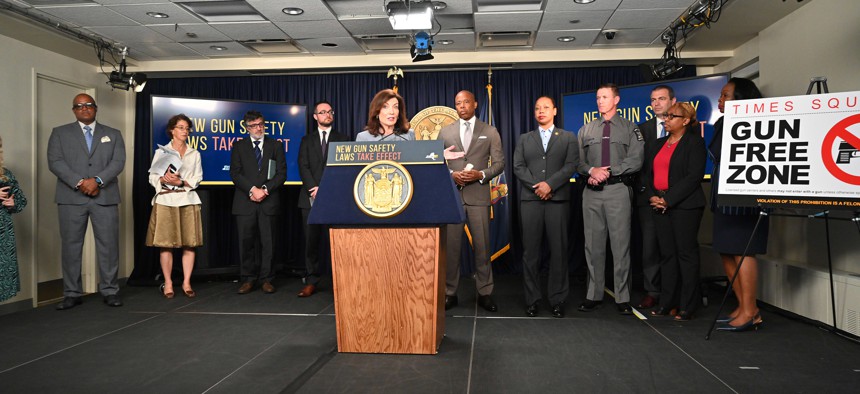 Gov. Kathy Hochul today, with New York City Mayor Eric Adams, addressed new public safety actions ahead of new gun laws going into effect in New York state.