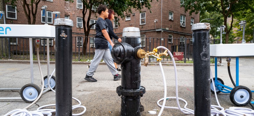 Mobile water stations were setup outside the Jacob Riis Houses.