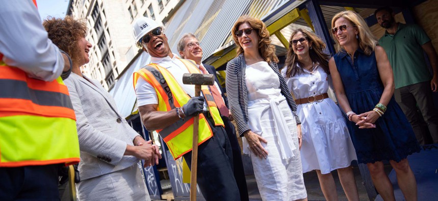 New York City Mayor Eric Adams at an outdoor dining shed press conference and demolition.