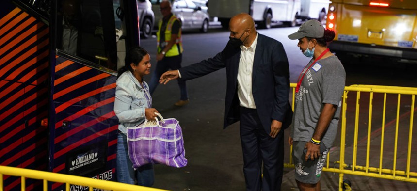 NEW YORK, NEW YORK - SEPTEMBER 4: A bus carrying migrants arrived in New York City on Sunday, Sep, 4, after illegally crossing the Texas-Mexico border. The city officials welcomed migrants arriving on buses from Texas.