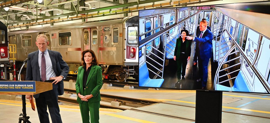 Gov. Kathy Hochul announced the installation of security cameras in every subway car.