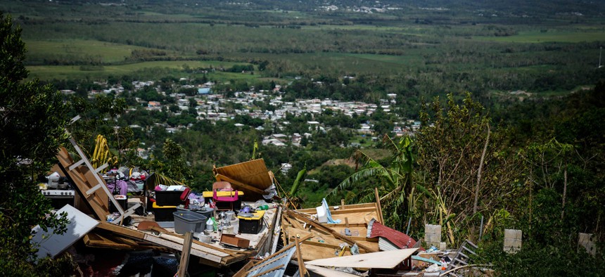 A collapsed structure pictured during New York City Mayor Eric Adams' visit to a village outside of Cabo Rojo, Puerto Rico, on Sunday.