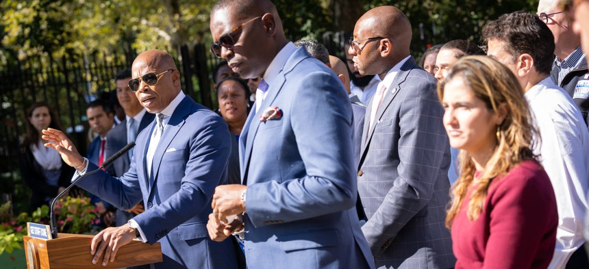 New York City Mayor Eric Adams briefs the media Tuesday.