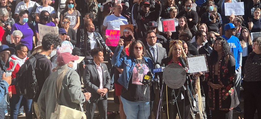 Advocates rally in support of banning solitary confinement in New York City jails outside City Hall Wednesday.