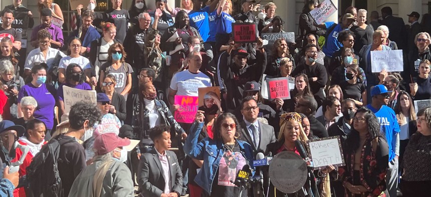 Advocates rally in support of banning solitary confinement in NYC jails.