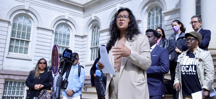 New York City Council Member Shahana Hanif, chair of the immigration committee, speaks to reporters alongside advocates, New Yorkers who’ve experienced homelessness, and other progressive council members Friday morning ahead of an oversight hearing centered on how the city is meeting the needs of asylum-seekers.