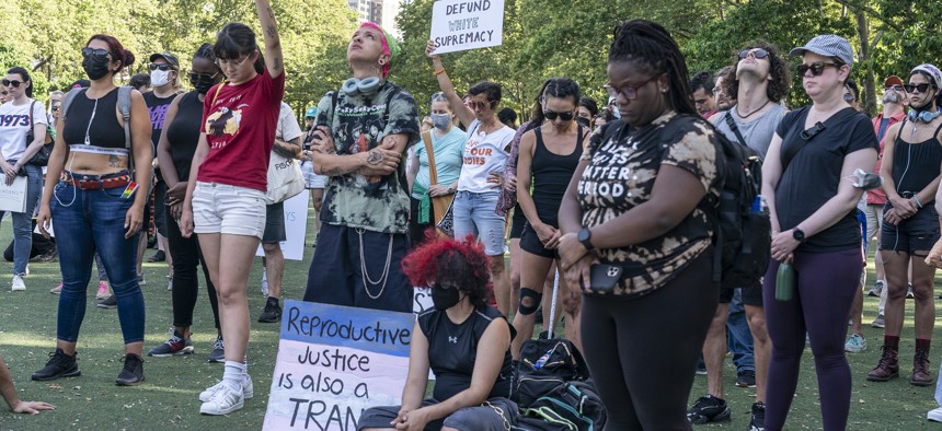 Demonstrators protesting the U.S. Supreme Court's decision to overturn Roe v. Wade are pictured at Cadman Plaza Park in Brooklyn on July 4th.