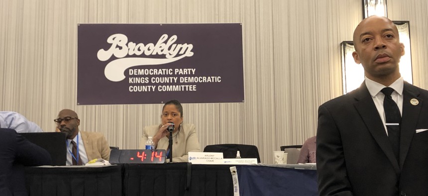 Brooklyn Democratic County Committee Chair Arleny Alvarado-McCalla leads Monday's meeting. 