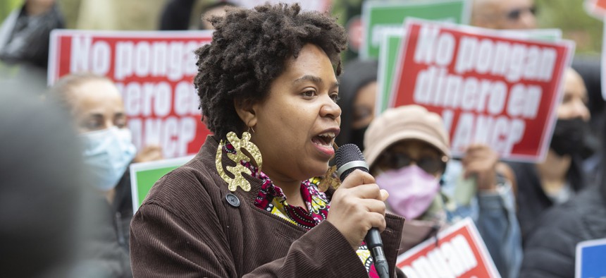 Kristin Richardson Jordan pictured at a rally outside City Hall in May.