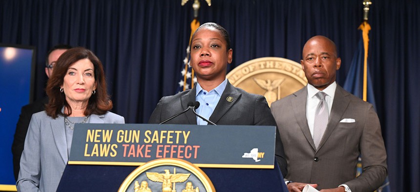Gov. Kathy Hochul with New York City Mayor Eric Adams are pictured in August announcing new public safety actions ahead of the state’s new gun laws going into effect. A federal judge on Thursday struck down several provisions of the law.
