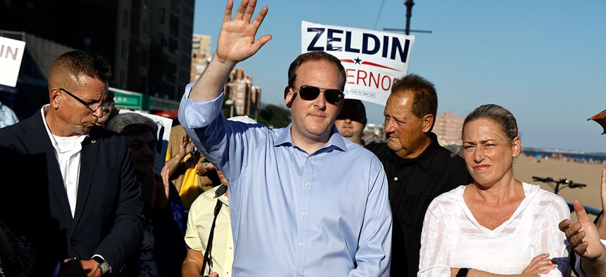 Republican candidate for governor Lee Zeldin and his running mate Alison Esposito, who is running for lieutenant governor, attend a "Save New York" rally in Brighton Beach on August 03, 2022.