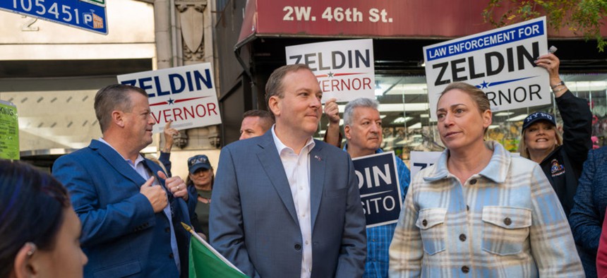 NEW YORK, NY - OCTOBER 10: U.S. Rep. Lee Zeldin (R-NY) participates in the annual Columbus Day Parade, the largest in the country, on October 10, 2022 in New York City. Hundreds of attendees cheered from the sidewalks as local politicians, high school bands, Italian racing cars and groups associated with Italian heritage made their way up Fifth Avenue. 