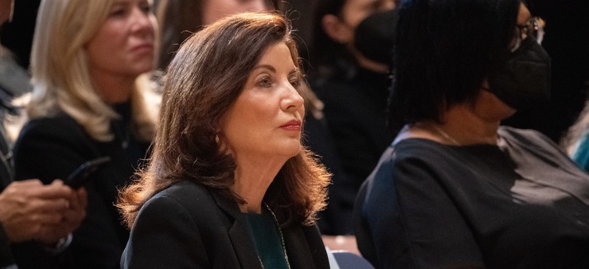 Gov. Kathy Hochul, pictured at a press conference in Manhattan Wednesday, told reporters afterward that the federal government should “take ownership” of New York City’s migrant crisis.