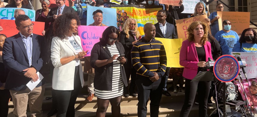 New York City Council Member Julie Menin speaks at a rally outside City Hall Wednesday in support of a package of bills she created, dubbed the Universal Childcare Act.