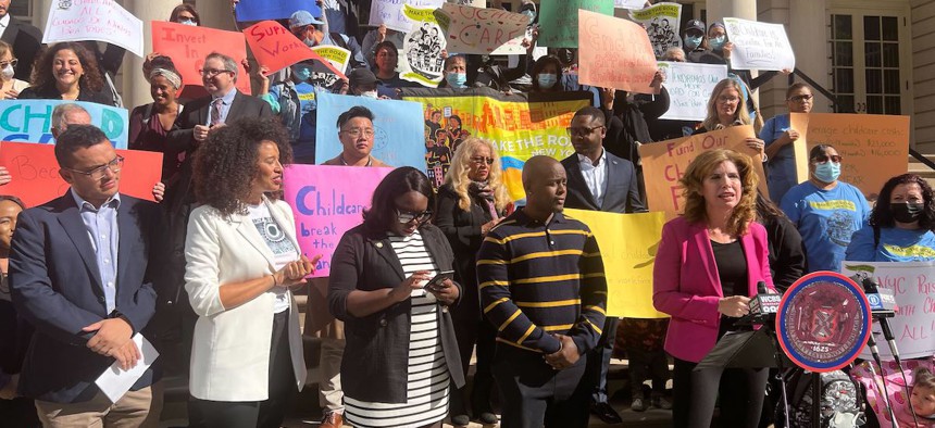 New York City Council Member Julie Menin speaks at a rally outside City Hall Wednesday in support of a package of bills, dubbed the Universal Child Care Act.