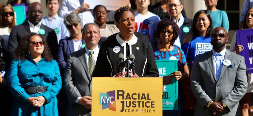 New York City Council Speaker Adrienne Adams spoke at Tuesday's press conference.