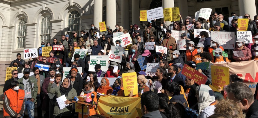 Former New York City Council Member Carlos Menchaca showed up at Wednesday morning’s rally opposing the Innovation QNS Uniform Land Use Review Procedure proposal for City Council Member Julie Won’s district in Astoria, Queens.