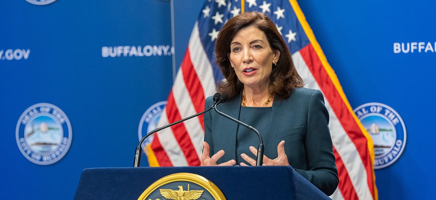 Gov. Kathy Hochul at a memorial in Buffalo Friday for the victims of the Tops Supermarket mass shooting from earlier this year.