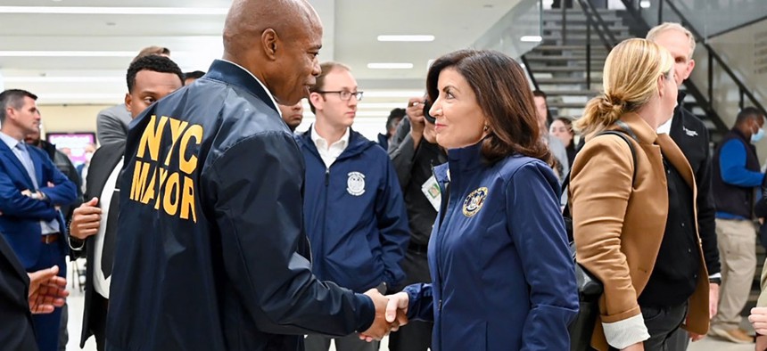 New York City Mayor Eric Adams and Gov. Kathy Hochul joined to to make a subway safety-related announcement Saturday.