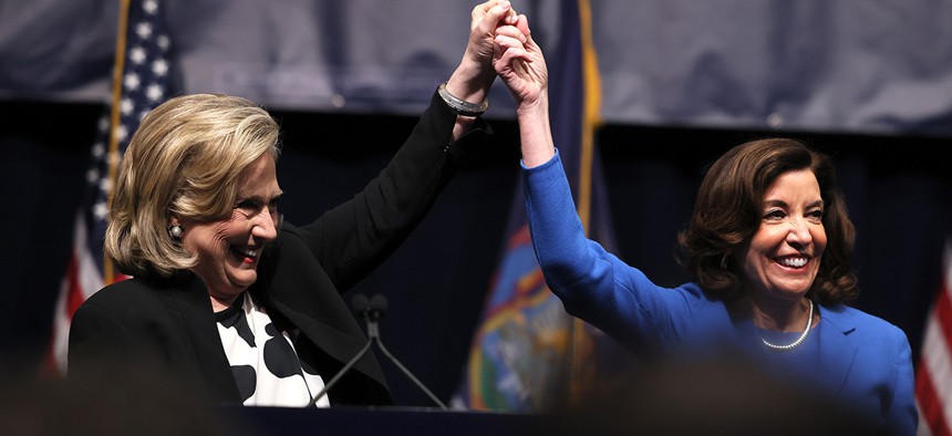 Hillary Clinton and Gov. Kathy Hochul at the 2022 state Democratic Convention on February 17, 2022.