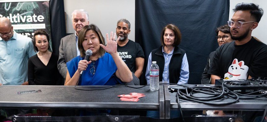 Rep. Grace Meng speaks during the Asian American Pacific Islander Democratic Caucus event at Shanghai Plaza in Las Vegas on Saturday.