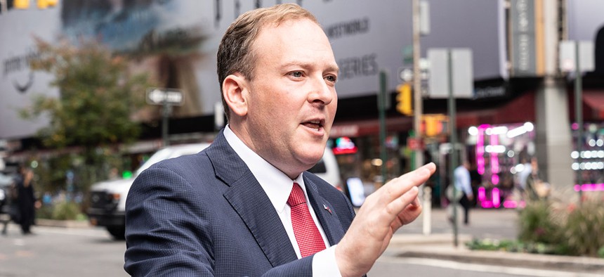 GOP gubernatorial candidate Rep. Lee Zeldin speaks with reporters in midtown Manhattan after the arrest of a person accused of being involved in a shooting near his home on Long Island.
