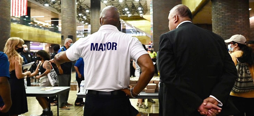 Mayor Eric Adams greets asylum seekers in Port Authority back in early August.