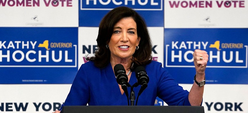 Governor Kathy Hochul speaks during a "Get Out the Vote" rally with U.S. Vice President Kamala Harris and former U.S. Secretary of State Hillary Clinton in New York City on November 3, 2022.