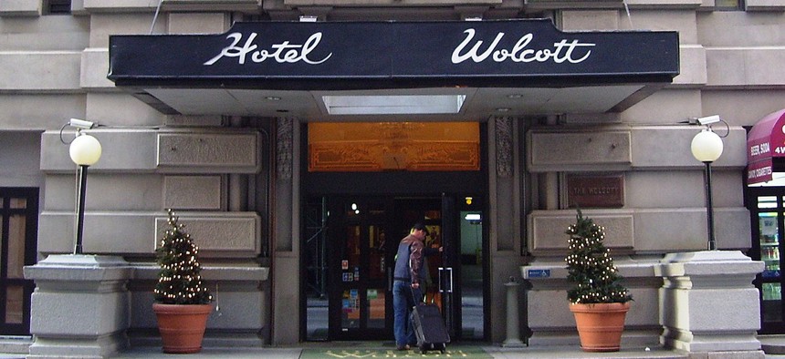 The front entrance to the Hotel Wolcott in New York City. 