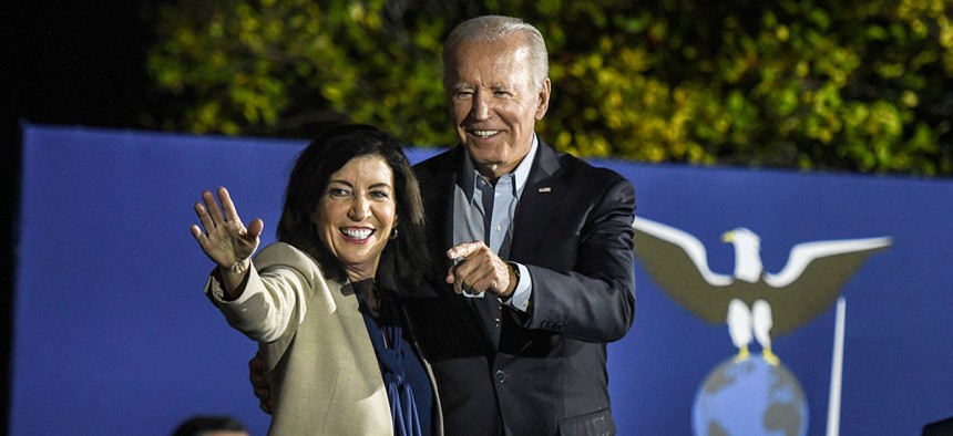 President Joe Biden speaks at a rally for New York incumbent Gov. Kathy Hochul and other state Democrats on November 6, 2022 in Yonkers, New York.