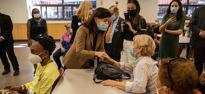 Gov. Kathy Hochul campaigned in deep blue parts of the state over the weekend, including at Goddard Riverside Community Center in Manhattan.