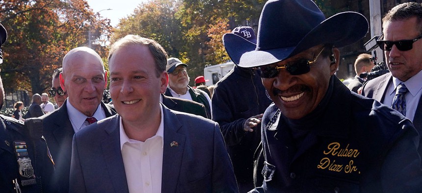 GOP gubernatorial candidate Rep. Lee Zeldin arrives to speak about subway crime in New York City during a press conference outside the Morrison Avenue-Soundview station in the Bronx on Monday.
