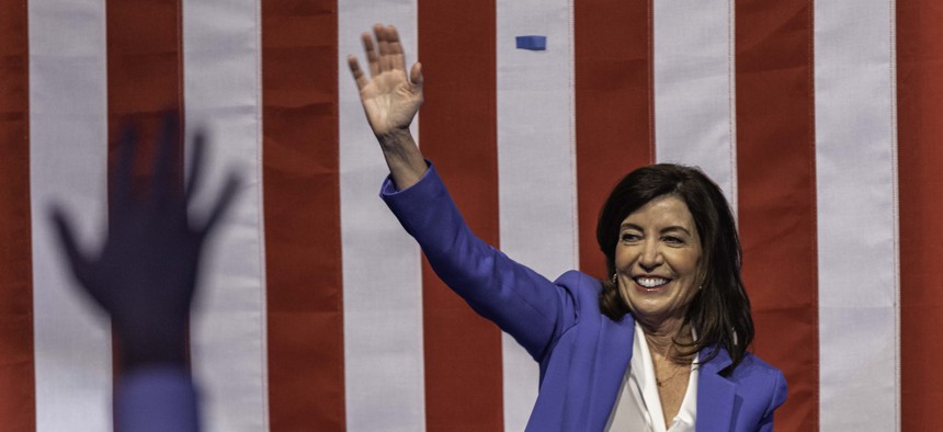 Gov. Kathy Hochul celebrates her win during an election night party Tuesday night in New York City. 