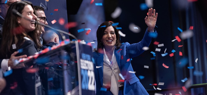 Gov. Kathy Hochul celebrates her victory in this year’s gubernatorial race against Lee Zeldin during an election night watch party at Capitale in Manhattan.