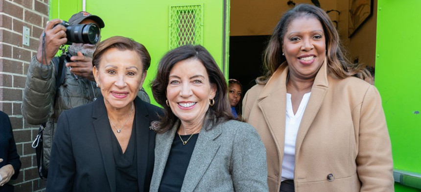 Rep. Nydia Velazquez, Gov. Kathy Hochul and state Attorney General Letitia James gather on Election Day.